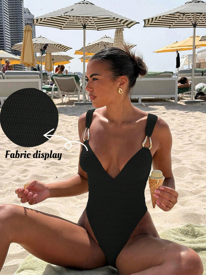 Women One-Piece Swimsuit with Elegant V-Neck and Decorative Straps StylebySassy