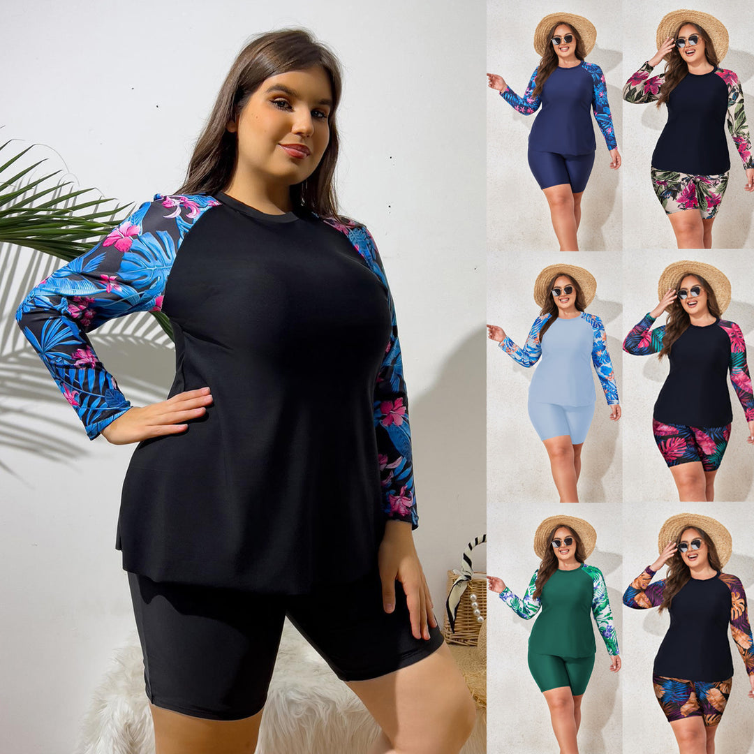 Women's UV Protection Surf Suit Set with Long Sleeves and Colorful Leaf Pattern StylebySassy