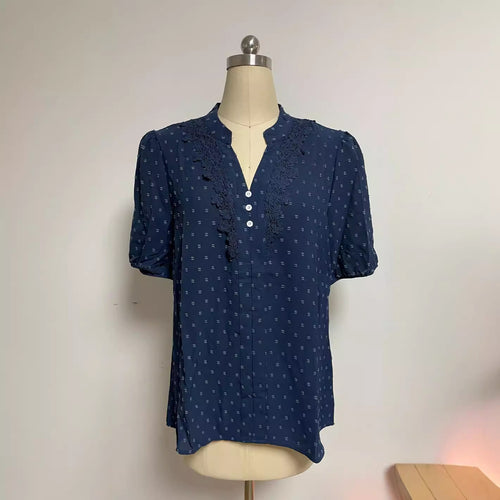 Women's semi-transparent Dobby blouse with stand-up collar, crochet trim, and puff sleeves StylebySassy