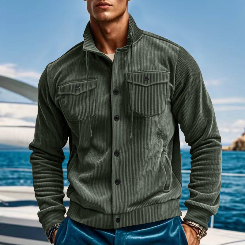 Men's casual fine ribbed cord jacket with stand-up collar, chest pockets and elastic hem StylebySassy