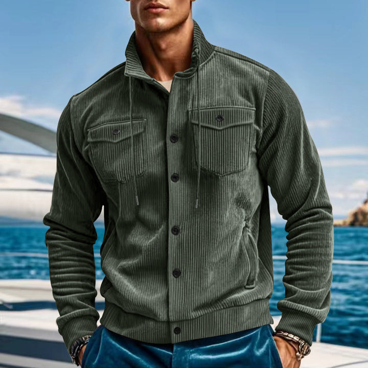 Men's casual fine ribbed cord jacket with stand-up collar, chest pockets and elastic hem StylebySassy