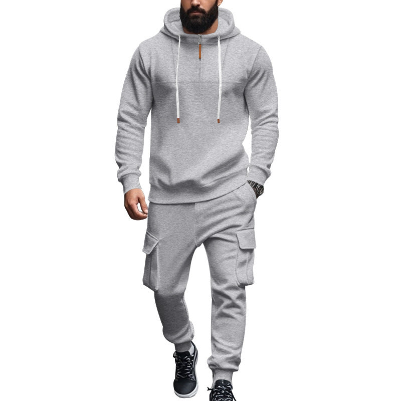 Men's cargo-style hooded sweatshirt and jogger set with short chest zipper and flap pockets StylebySassy