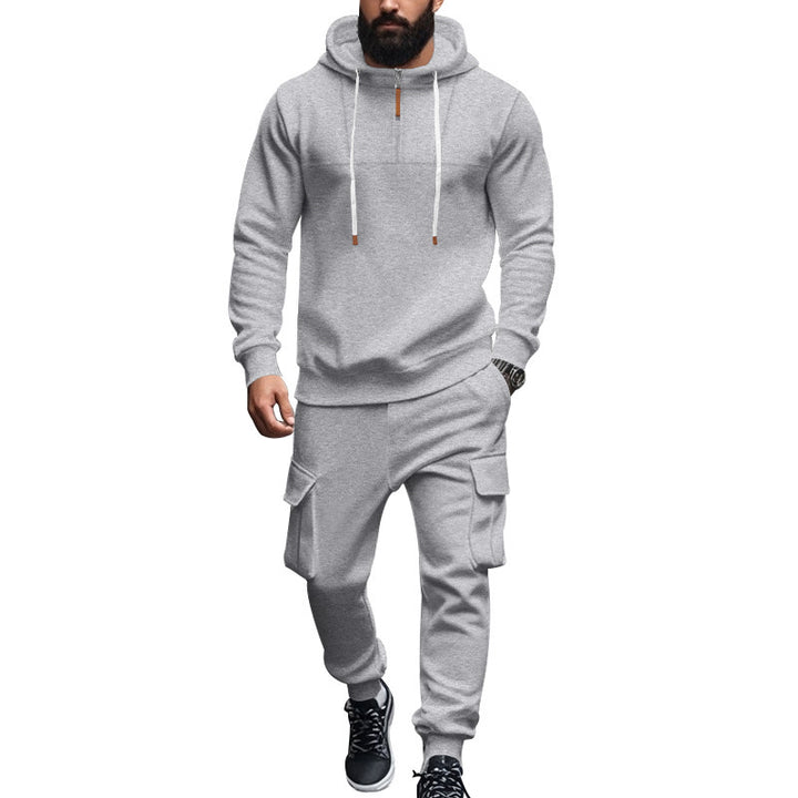 Men's cargo-style hooded sweatshirt and jogger set with short chest zipper and flap pockets StylebySassy