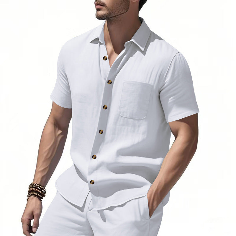 Men's short-sleeve resort shirt made of linen blend with chest pocket and drawstring Bermuda StylebySassy