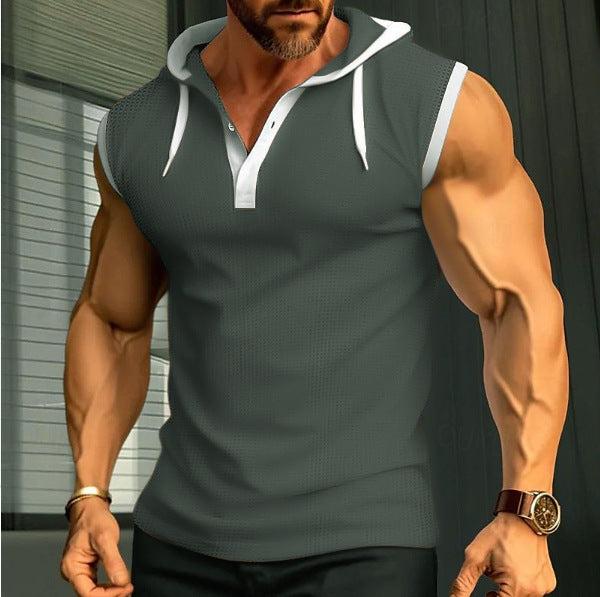 Men's sleeveless hoodie polo shirt with mesh structure and Henley button placket StylebySassy