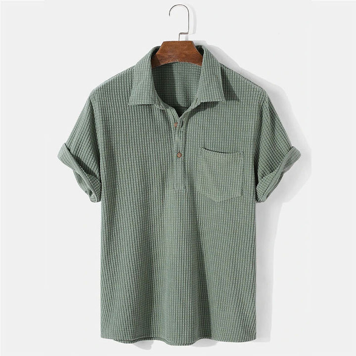 Men's waffle knit polo with shirt collar, short button placket and chest pocket StylebySassy