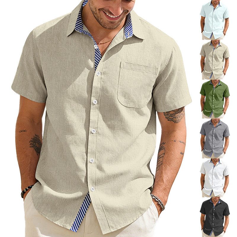 Men's Business Casual Short Sleeve Shirt with Striped Collar Lining and Chest Pocket StylebySassy