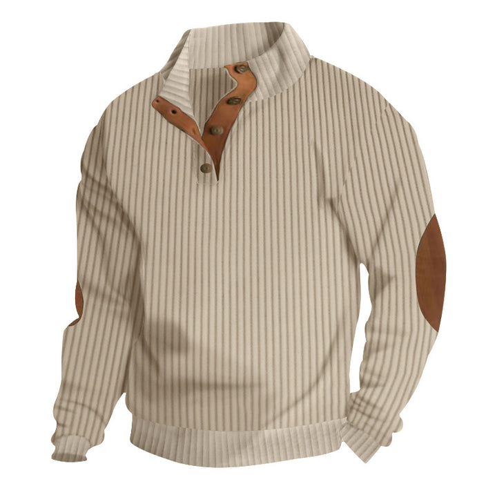 Men's structured ribbed pullover with short button collar and suede elbow patches StylebySassy
