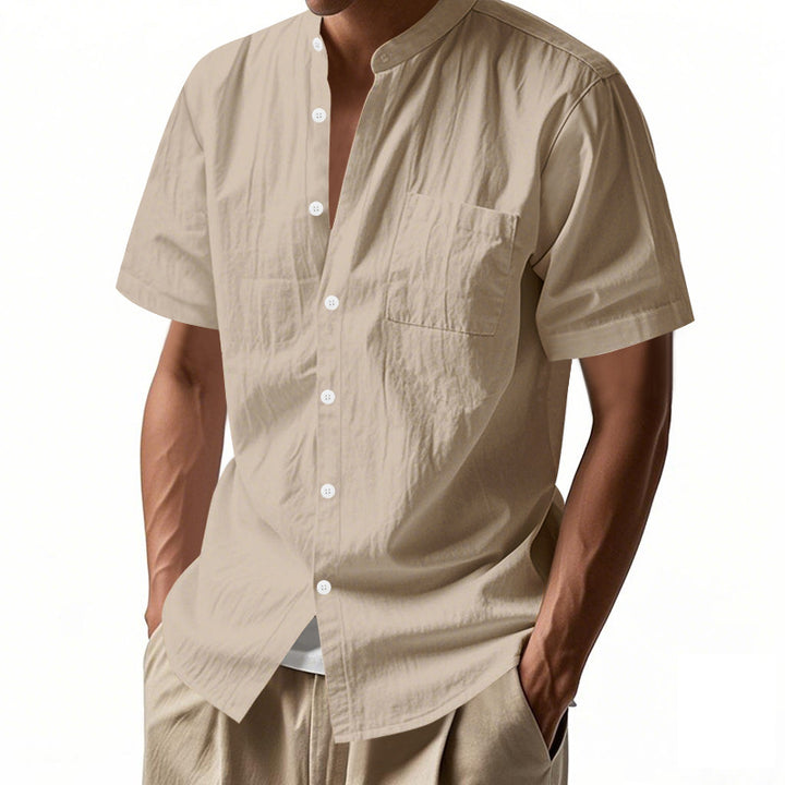 Men's nan legeres short-sleeve linen blend shirt with stand-up collar, chest pocket, and continuous button placket StylebySassy