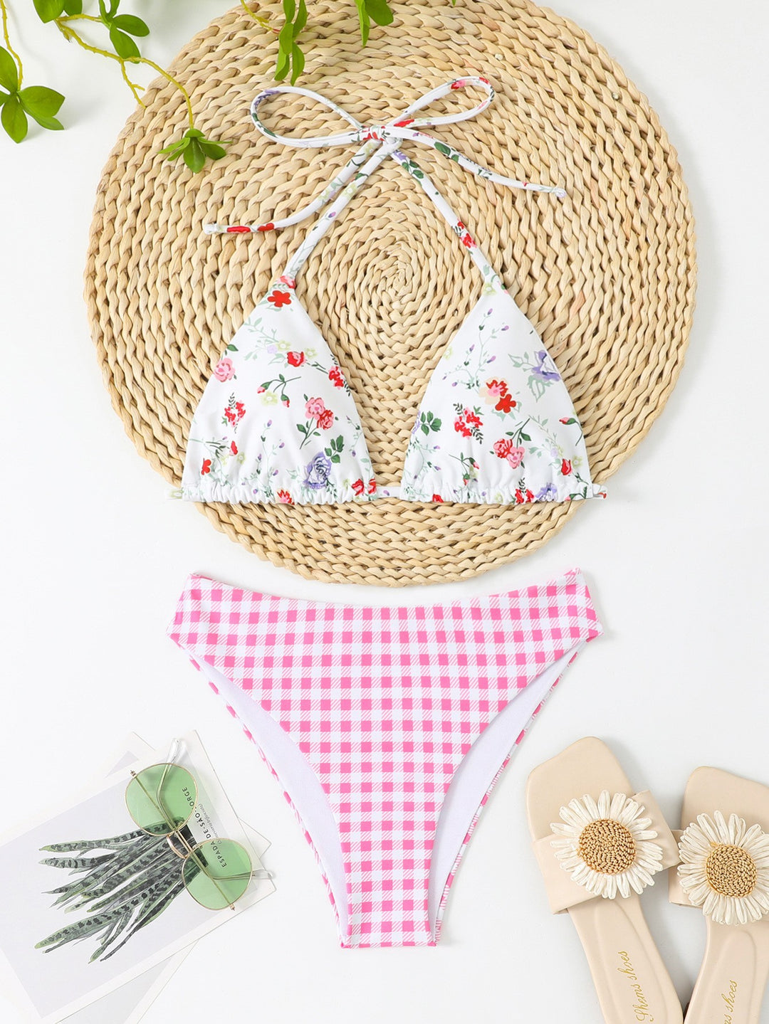 Women's bikini set with floral pattern and gingham design StylebySassy