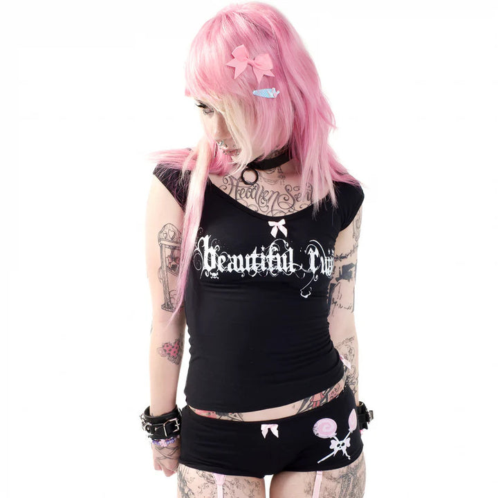 Women's short sleeve shirt with stylish lettering and decorative bow accent StylebySassy