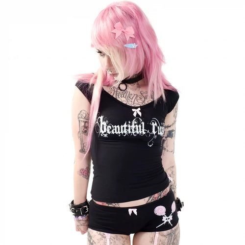 Women's short sleeve shirt with stylish lettering and decorative bow accent StylebySassy