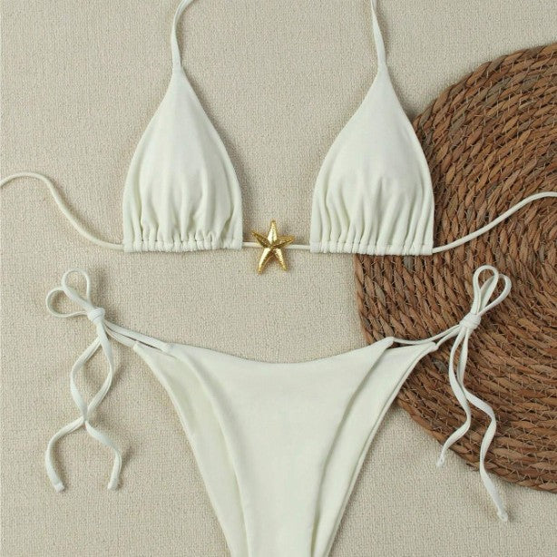 Women's Triangle Bikini Set with Adjustable Straps and Decorative Jewelry Element StylebySassy