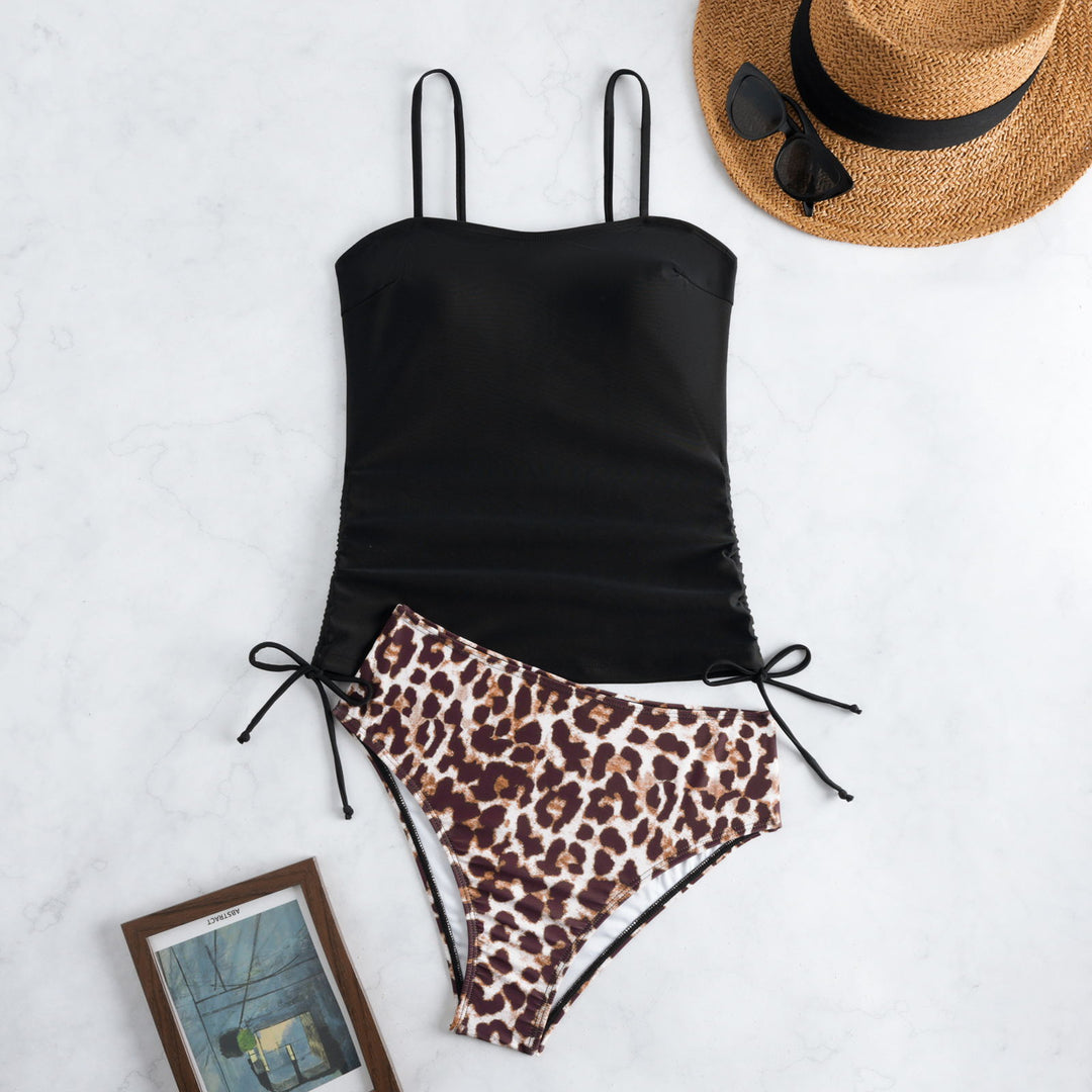 Women's tankini with fashionable gathering elements and trendy animal print pants StylebySassy