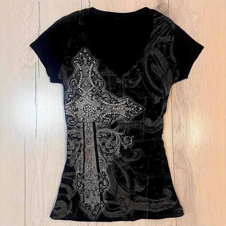 Women's T-shirt with elaborate cross design and rhinestone accents StylebySassy