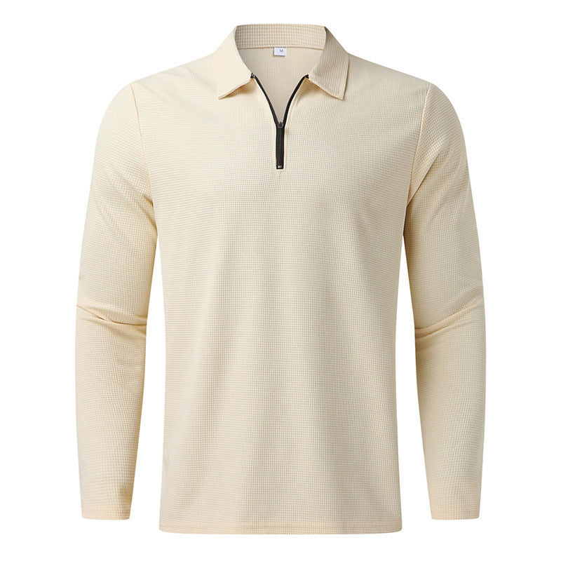 Men's long-sleeved polo shirt with kent collar, short front zip and fine waffle texture StylebySassy