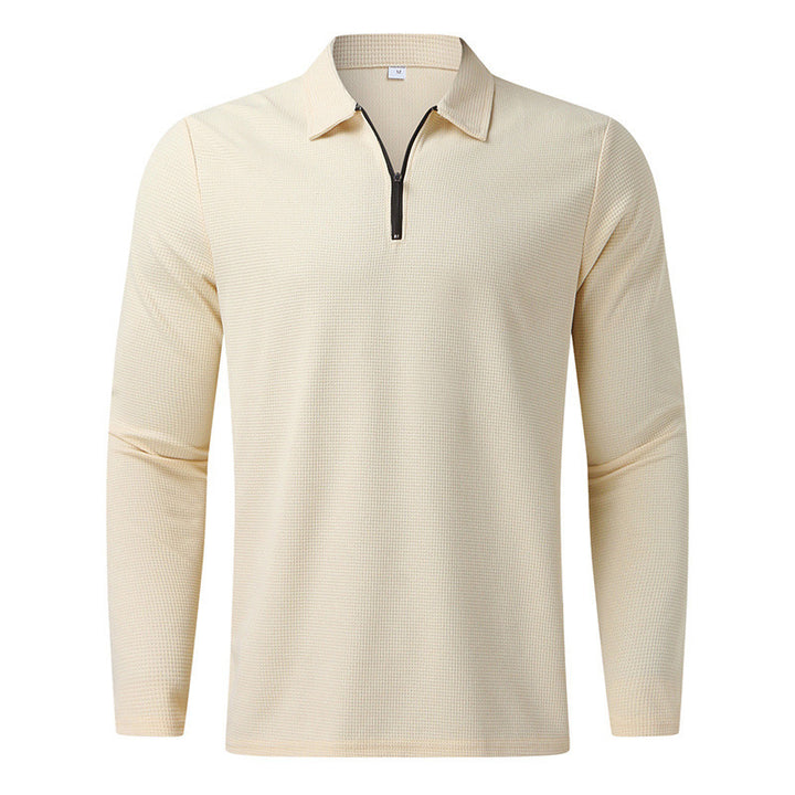 Men's long-sleeved polo shirt with kent collar, short front zip and fine waffle texture StylebySassy