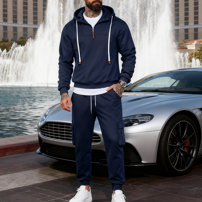 Men's casual fleece tracksuit with half zipper and cargo pockets StylebySassy