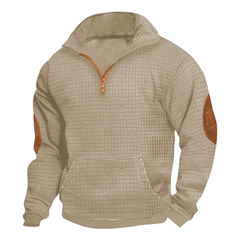 Men's thermo-regulating waffle knit half-zip pullover with kangaroo pocket and faux leather elbow patches StylebySassy