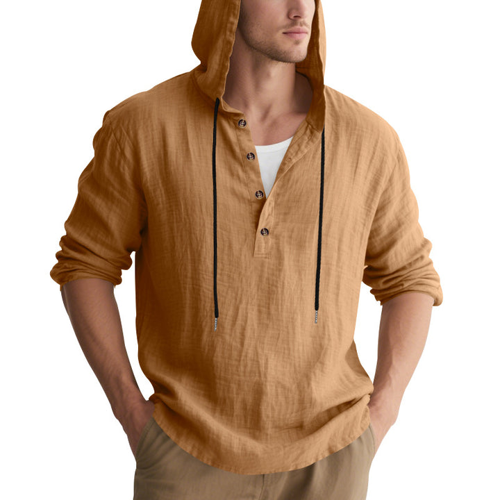 Men's casual linen henley with hood, drawstring and three-button placket StylebySassy