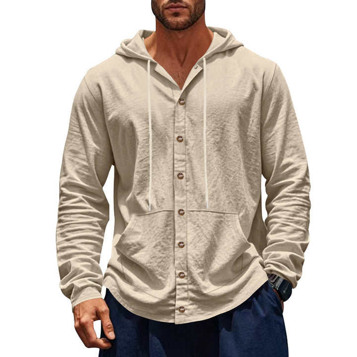 Men's button-closed hooded shirt jacket made of lightweight cotton blend with kangaroo pocket StylebySassy