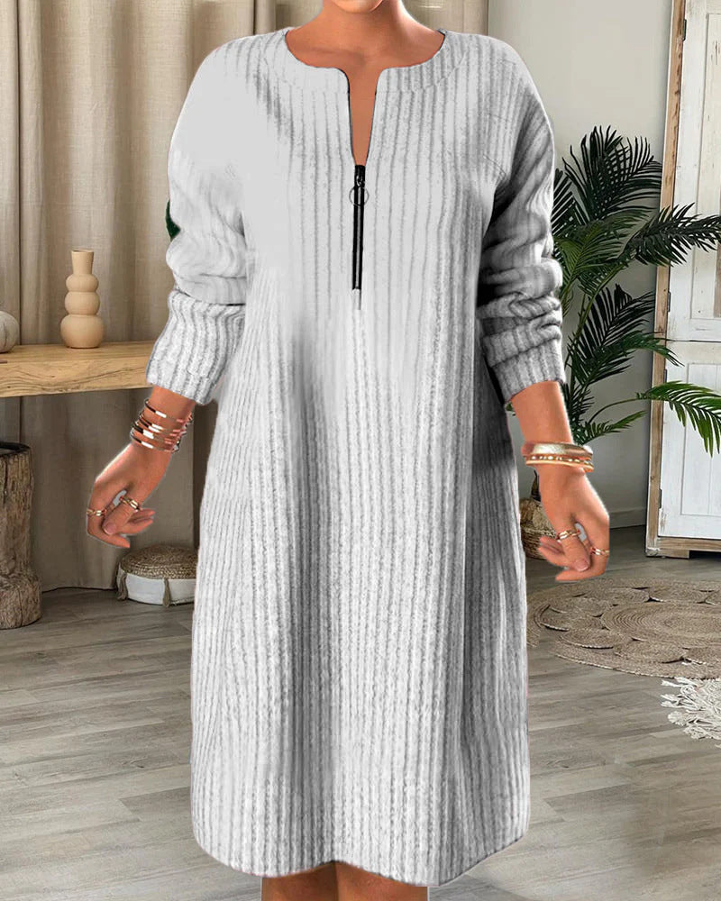 Women’s knitted ribbed tunic dress with half zip and casual A-line StylebySassy