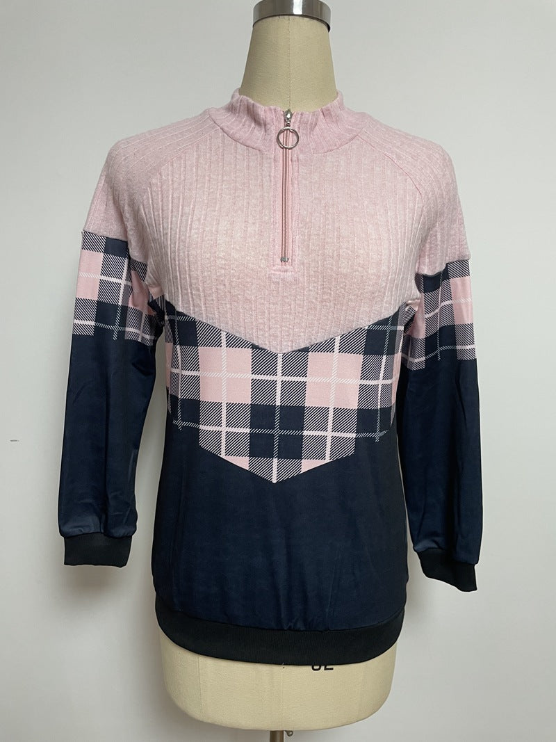 Ladies nan soft-grippy sweatshirt with short zipper, stand-up collar and check panel StylebySassy