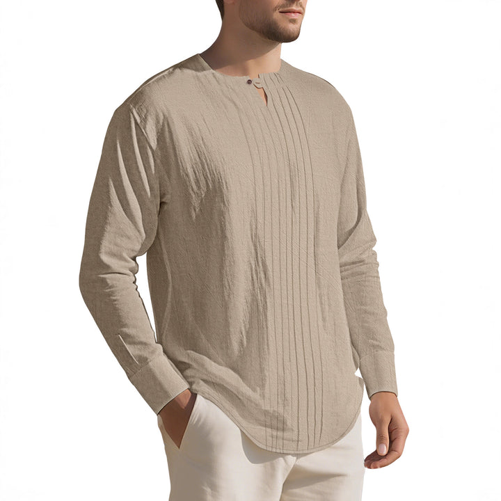 Men's Naan light structured tunic shirt with stand-up collar, pleats and loop button StylebySassy