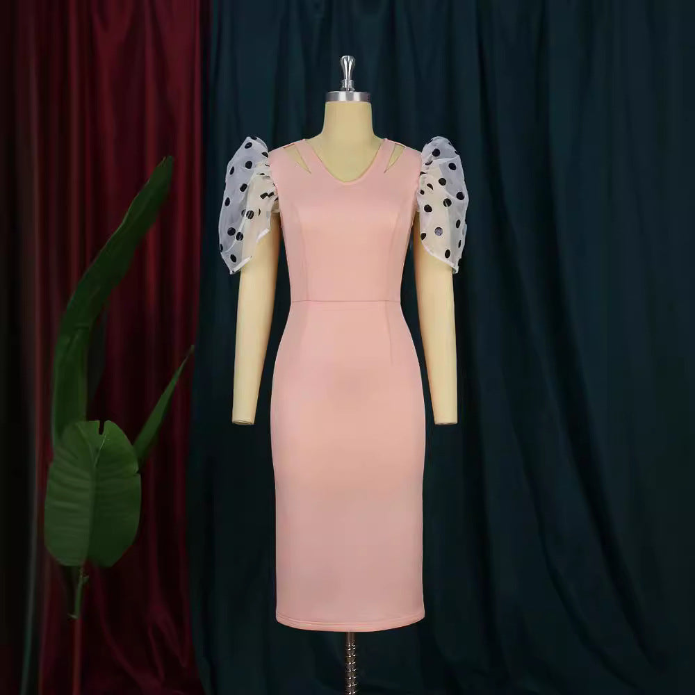 Women Figure-hugging Dress with Transparent Puff Sleeves StylebySassy