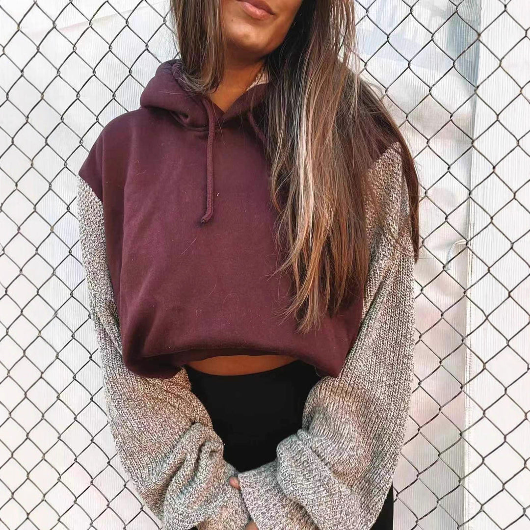 Women's Hooded Cropped Pullover with Wide-Cut Knitted Sleeves and Drawstring StylebySassy