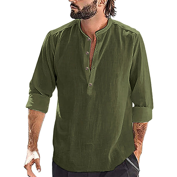 Men's relaxed long sleeve Henley shirt made of breathable linen blend with stand-up collar StylebySassy