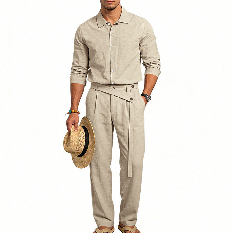 Men's elegant linen two-piece set with shirt and high-waisted pants with tie belt StylebySassy