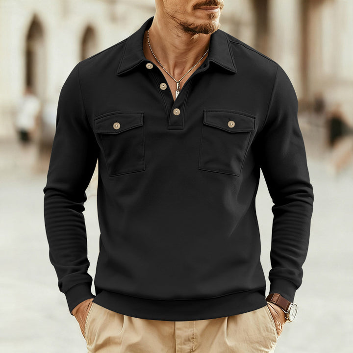 Men's fitted long sleeve polo shirt with shirt collar and applied breast pockets StylebySassy