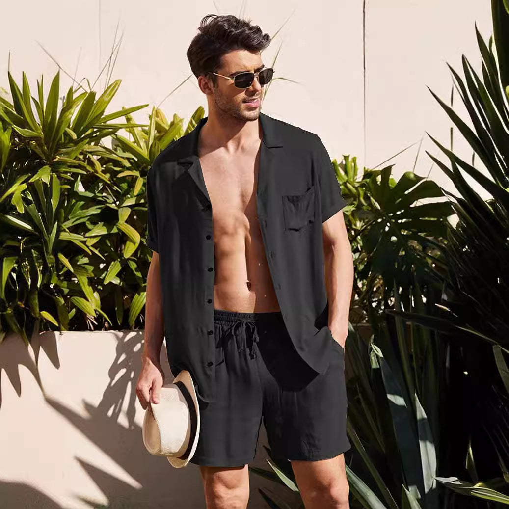 Men's two-piece summer casual ensemble with open collar shirt and elastic shorts StylebySassy
