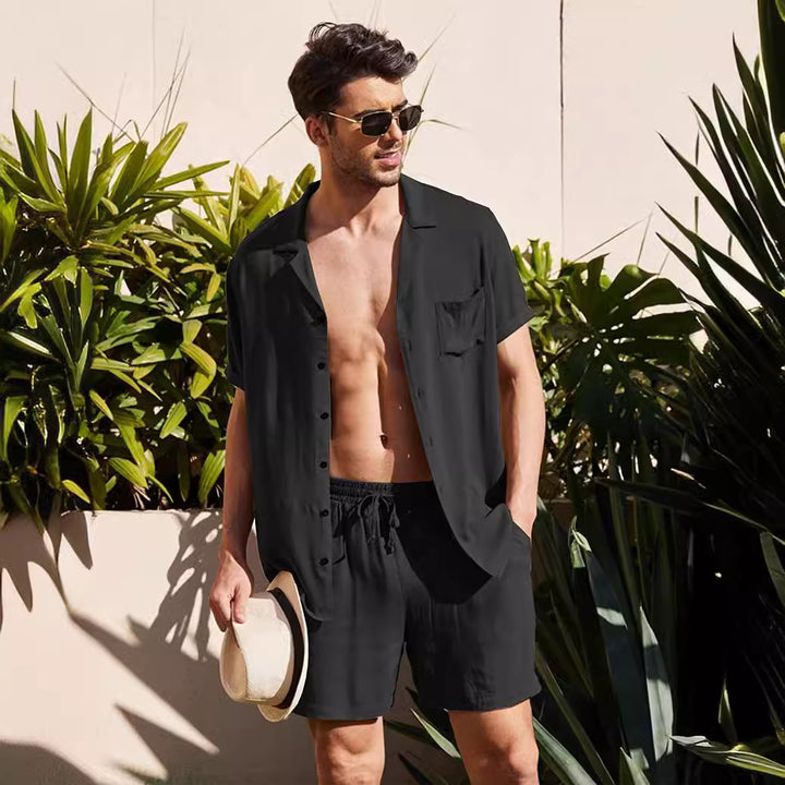 Men's two-piece summer casual ensemble with open collar shirt and elastic shorts StylebySassy