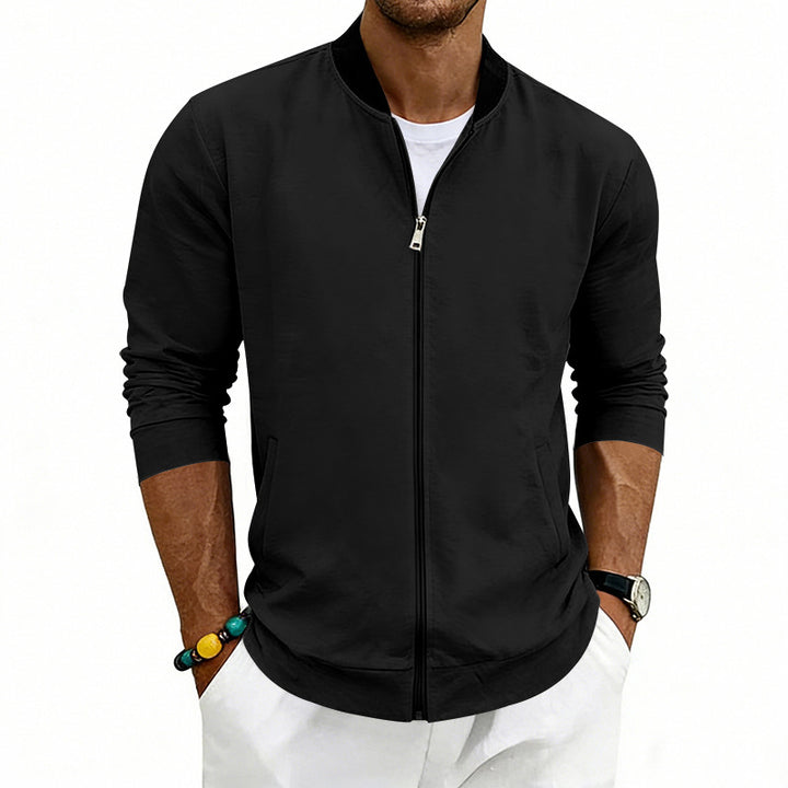 Men's lightweight bomber jacket made of jersey with stand-up collar, elastic cuffs, and concealed pockets StylebySassy