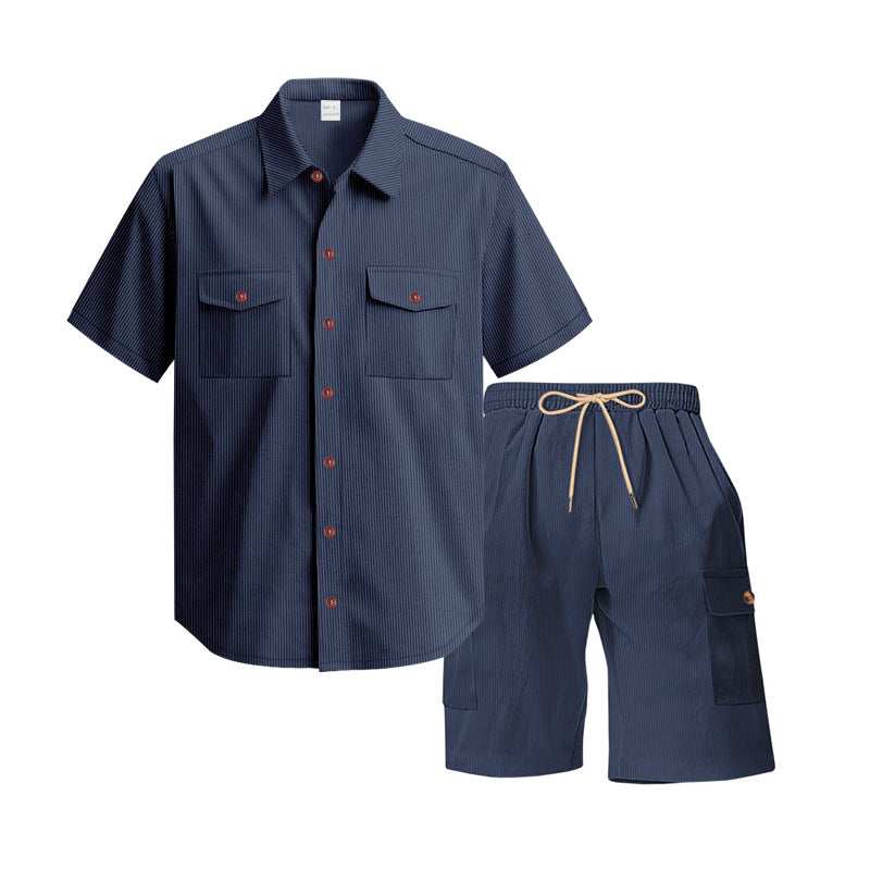 Men's structured short-sleeve shirt and bermuda set with flap pockets and elastic waistband StylebySassy