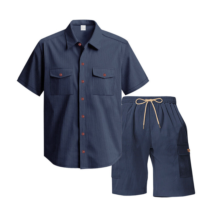 Men's structured short-sleeve shirt and bermuda set with flap pockets and elastic waistband StylebySassy