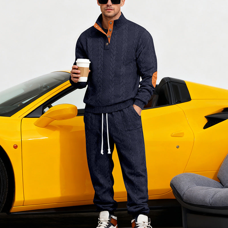 Men's knitted combination of sweater and joggers with cable pattern and elbow patches StylebySassy