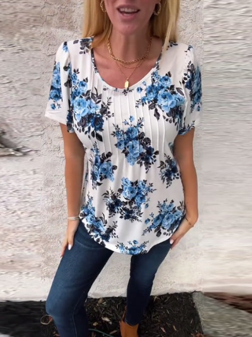 Ladies cropped short sleeve blouse shirt with box pleats and floral print StylebySassy