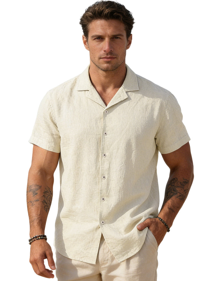 Men's airy linen camp shirt with open lapel collar short sleeve and relaxed summer fit StylebySassy