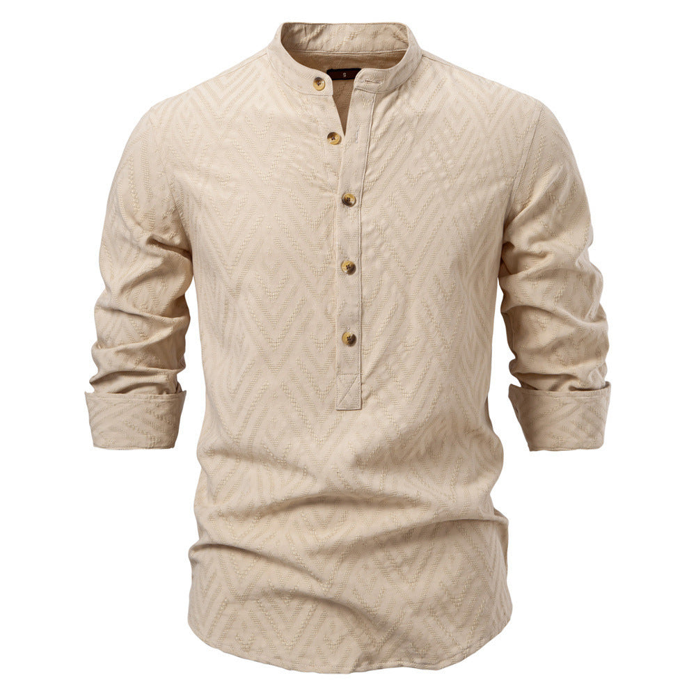 Men's jacquard shirt with stand-up collar, half button placket, and wood-look buttons StylebySassy