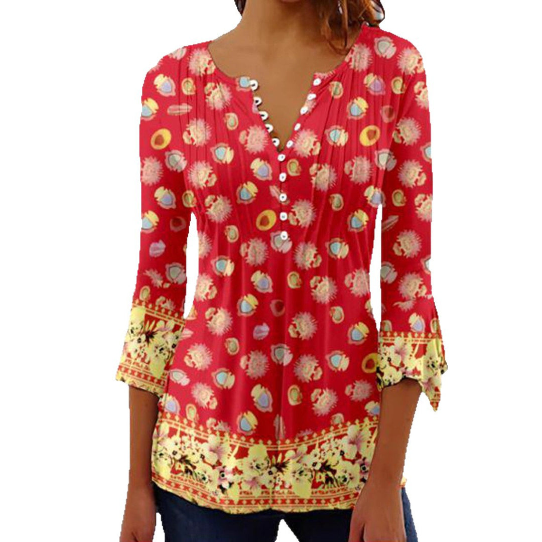 Women nan lightweight Boho blouse with V-neck, decorative pleats, button placket and three-quarter sleeves StylebySassy