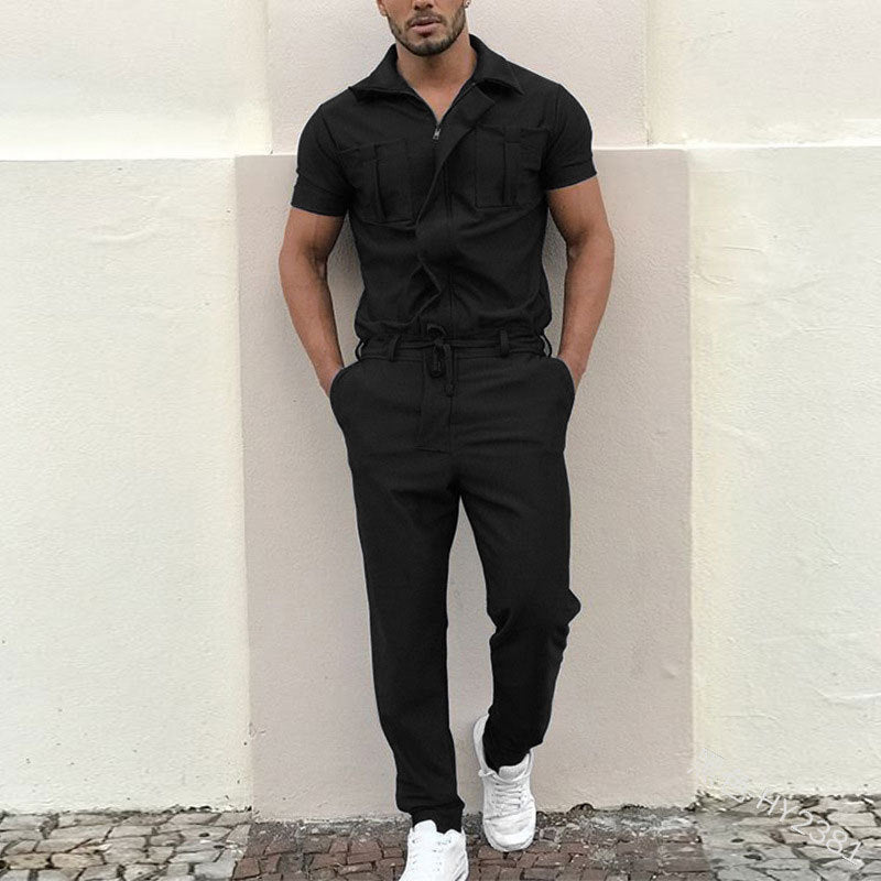 Men's short-sleeved overall work suit with concealed front closure and applied chest pockets StylebySassy