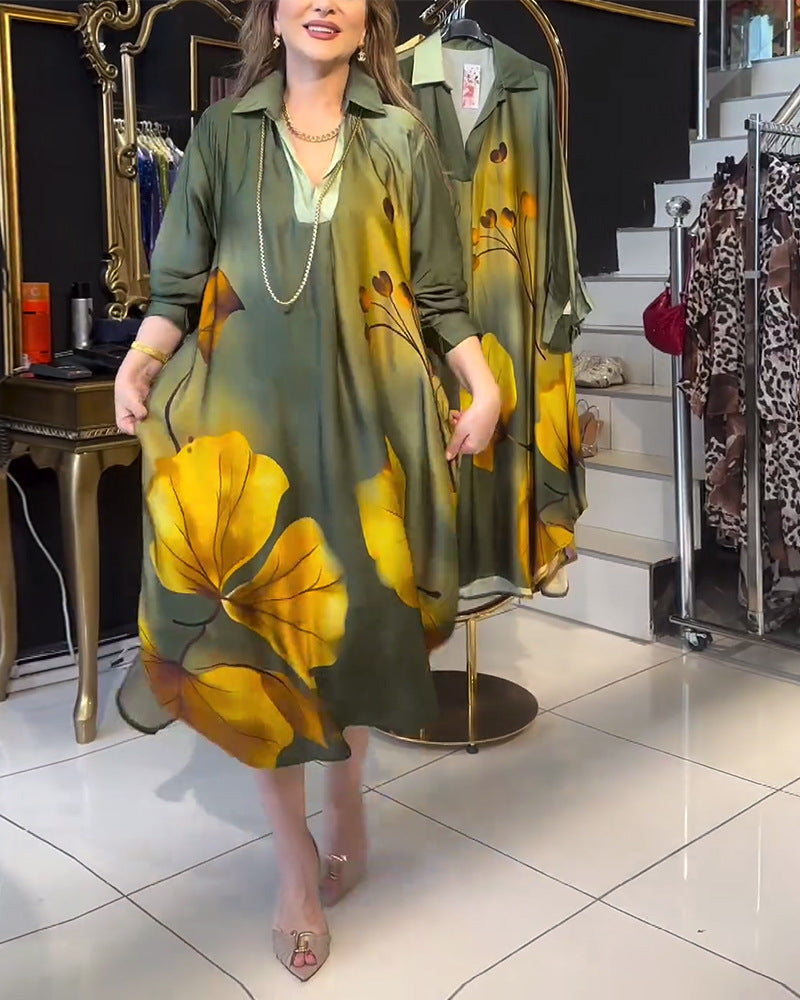 Women's oversized shirt dress in A-line cut with shirt collar and large floral print StylebySassy