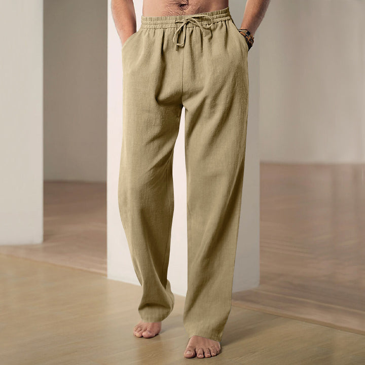 Men's comfortable linen-cotton blend relaxed pants with straight leg, elastic waistband, and concealed side pockets StylebySassy