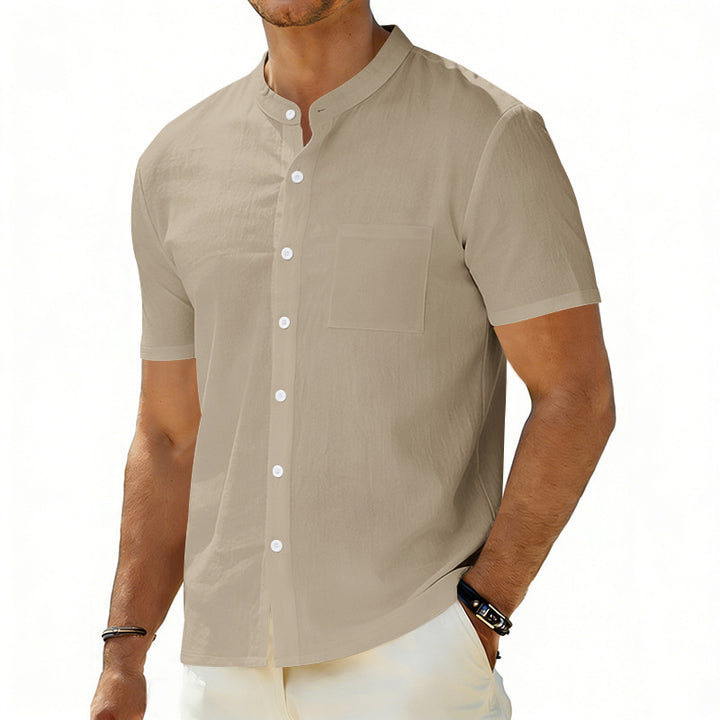 Men's short-sleeved linen shirt with stand-up collar and chest pocket StylebySassy