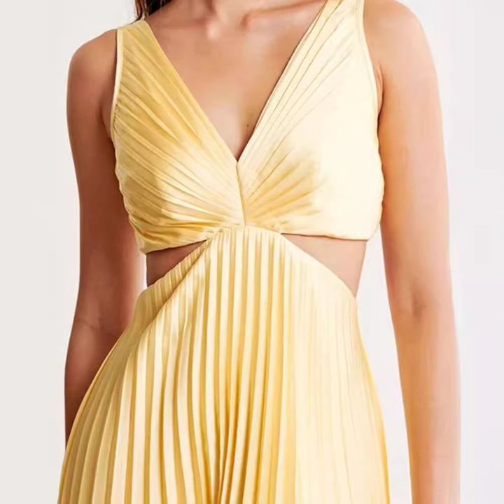 Women's pleated midi dress with twisted bustier section and side cut-outs StylebySassy