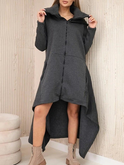 Women's nan asymmetrical sweatshirt dress with high stand-up collar, full-length zipper and extended back hem StylebySassy