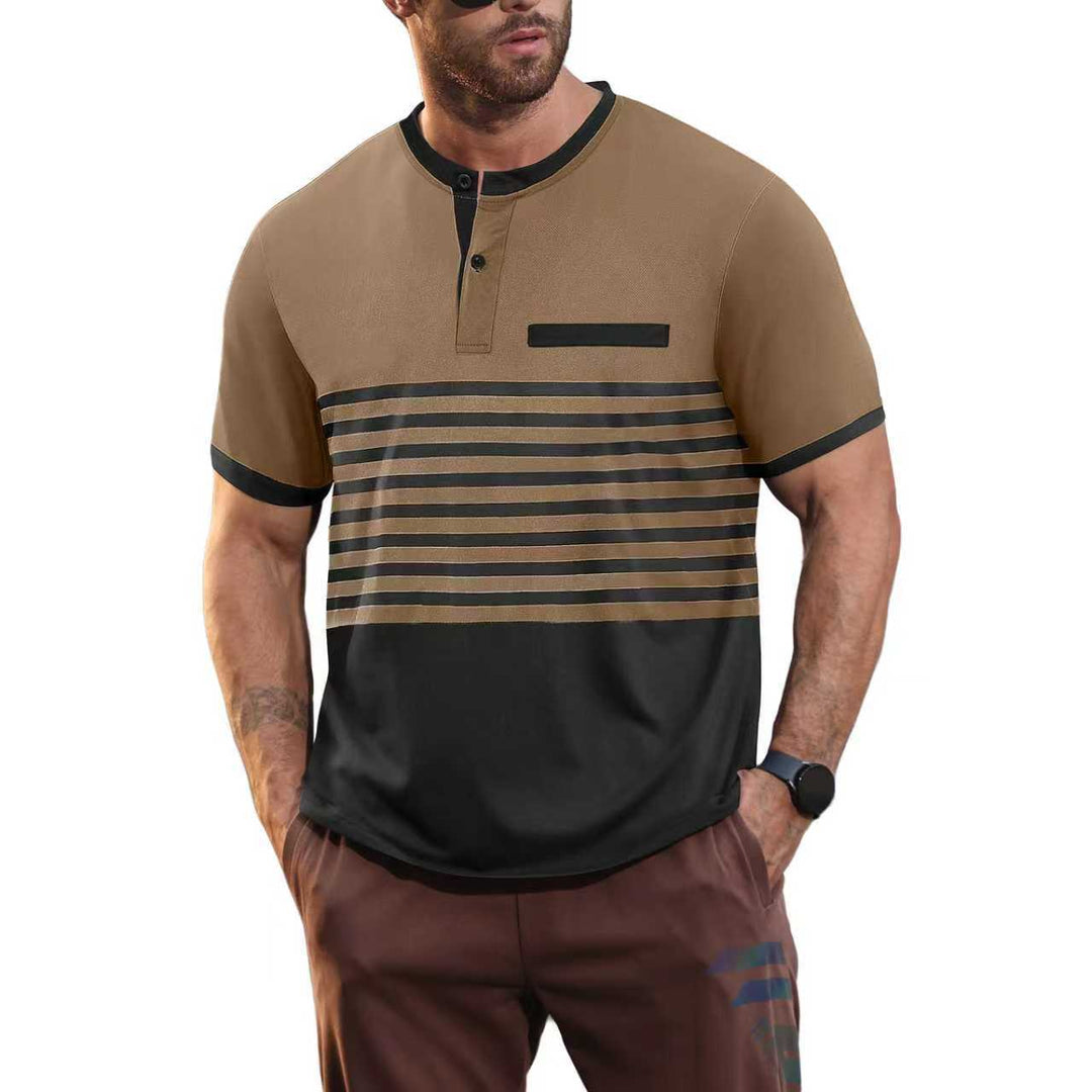 Men's short-sleeved Henley top with short button placket, chest piping, and block stripes StylebySassy
